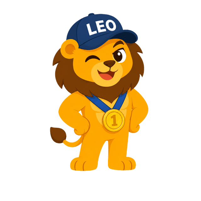 Leo, the lion coach of fitleo, standing with a trophy