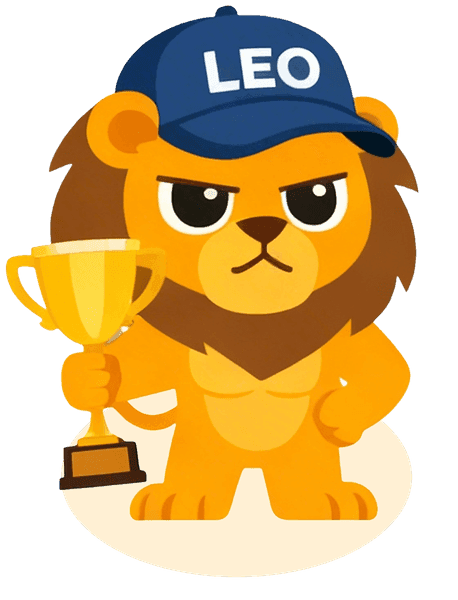 Leo, the lion coach of Fitleo, standing with a trophy