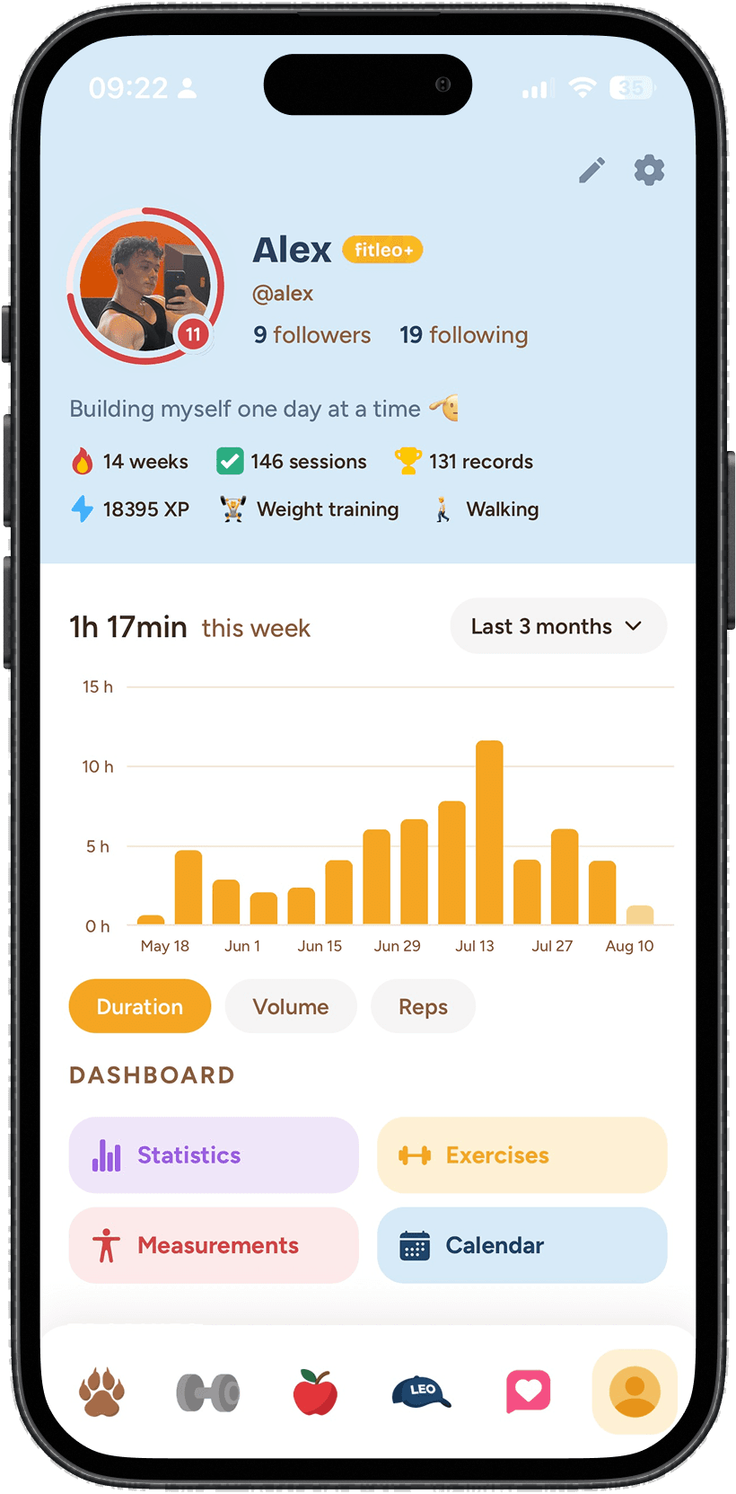 fitleo profile with XP, level and trophies